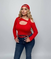 Лонгслив женский из микродайвинга с открытым плечом и декоративными лямками демисезонный