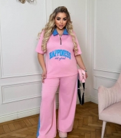 Костюм-двойка женский из двунитки повседневный с футболкой и свободными брюками оверсайз с надписью демисезонный