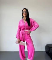 Спортивный костюм женский велюровый демисезонный двойка с худи на молнии и свободными брюками