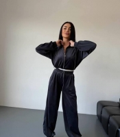 Спортивный костюм женский велюровый демисезонный двойка с худи на молнии и свободными брюками