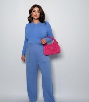 Костюм-двойка женский из трикотажа повседневный с асимметричным лонгсливом и свободными брюками в спортивном стиле весенний