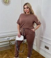 Спортивный костюм женский из двунитки демисезонный двойка с футболкой и брюками-джоггерами с лампасами больших размеров