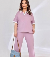 Спортивный костюм женский из двунитки пенье с футболкой с воротником и свободными брюками демисезонный