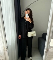 Костюм-тройка женский из крепа жатки с топом рубашкой и свободными брюками летний