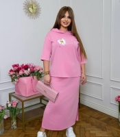 Спортивный костюм-двойка женский из двунитки с удлиненной юбкой и кофтой с коротким рукавом и капюшоном весенний