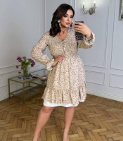 Платье-трапеция женское из штапеля с цветочным принтом V-образным вырезом длинным рукавом и воланом весеннее