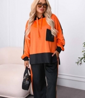 Спортивный костюм-двойка женский из велюра спорт с худи свободного кроя и широкими брюками с лампасами демисезонный