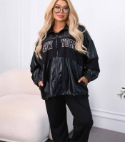 Костюм-тройка женский демисезонный из двунитки и эко кожи с бомбером футболкой и джогерами оверсайз