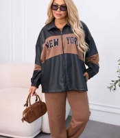 Костюм-тройка женский демисезонный из двунитки и эко кожи с бомбером футболкой и джогерами оверсайз