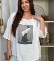 Футболка-туника женская льняная оверсайз удлинённая с рисунком весенняя