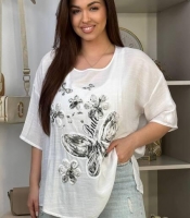Футболка-туника женская льняная оверсайз удлинённая с рисунком и рукавом 3/4 весенняя