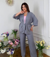 Костюм-двойка женский из льна Бохо с кардиганом под пояс и свободными брюками с высокой посадкой весенний