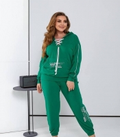 Костюм-двойка женский из двунитки с худи на шнуровке и брюками повседневный весенний