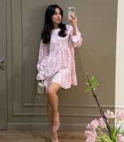 Платье-трапеция женское из штапель шелка мини с длинными рукавами свободного кроя с цветочным принтом весеннее