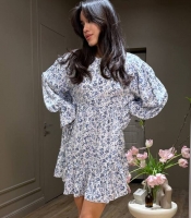 Платье-трапеция женское из штапель шелка мини с длинными рукавами свободного кроя с цветочным принтом весеннее