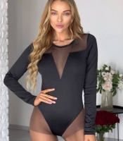 Боди женское из микродайвинга и трикотажной сетки с длинными рукавами и прозрачной вставкой весеннее