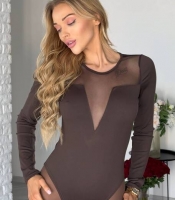 Боди женское из микродайвинга и трикотажной сетки с длинными рукавами и прозрачной вставкой весеннее