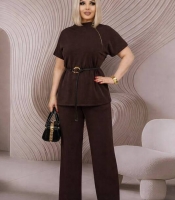 Костюм-двойка женский из трикотажа повседневный блуза с молнией и поясом с широкими брюками больших размеров весенний