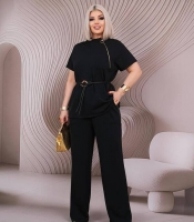 Костюм-двойка женский из итальянского трикотажа повседневный с блузой свободного кроя на молнии поясом и широкими брюками больших размеров весенний