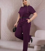 Костюм-двойка женский из итальянского трикотажа повседневный с блузой свободного кроя на молнии и поясом с прямыми брюками больших размеров весенний