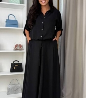 Костюм-двойка женский из американского креп-жатки с рубашкой свободного кроя и юбкой-брюками с высокой талией весенний