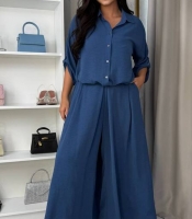 Костюм-двойка женский из американского креп-жатки с рубашкой свободного кроя и юбкой-брюками с высокой талией весенний