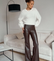 Брюки-клеш женские из экокожи с высокой талией широкого кроя повседневные весенние