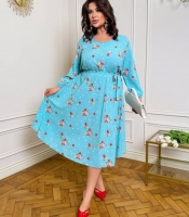 Платье-трапеция женское из софта повседневное миди с цветочным принтом и поясом больших размеров весеннее