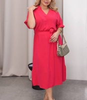Платье-трапеция женское из американского креп-жатки повседневное миди с V-образным вырезом поясом и резинкой на талии больших размеров весеннее