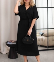 Платье-трапеция женское из американского креп-жатки повседневное миди с V-образным вырезом поясом и резинкой на талии больших размеров весеннее