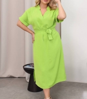 Платье-трапеция женское из американского креп-жатки повседневное миди с V-образным вырезом поясом и резинкой на талии больших размеров весеннее