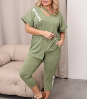 Спортивный костюм женский из двунитки повседневный с асимметричной футболкой свободного кроя и бриджами больших размеров весенне-летний