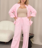 Костюм-двойка женский льняной жатый с брюками и свободным верхом оверсайз весенне-летний