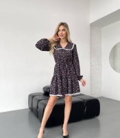 Платье-трапеция женское из шелковистого софта мини с длинным рукавом на резинке с поясом и интересным воротником весенне-летнее