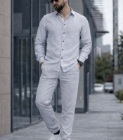 Костюм-двойка мужской льняной из ткани лен бохо: рубашка и брюки весенне-летний