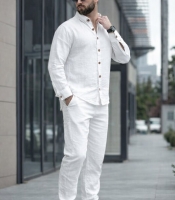 Костюм-двойка мужской льняной из ткани лен бохо: рубашка и брюки весенне-летний