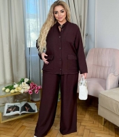 Костюм-двойка женский льняной из жатого льна: рубашка и широкие брюки свободного кроя летний