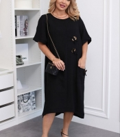 Платье-туника женское из жатого льна-хлопка свободного кроя с карманом и декоративными пуговицами весенне-летнее