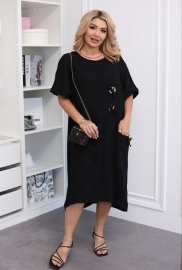 Платье-туника женское из жатого льна-хлопка свободного кроя с карманом и декоративными пуговицами весенне-летнее