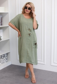 Платье-туника женское из жатого льна-хлопка свободного кроя с карманами и декоративными пуговицами весенне-летнее