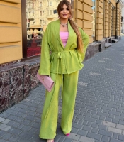 Костюм-двойка женский льняной бохо с жакетом на запах и широкими брюками весенне-летний