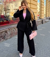 Костюм-двойка женский льняной бохо с жакетом на запах и широкими брюками весенне-летний