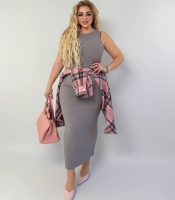Костюм-двойка женский с платьем макси из рубчика и рубашкой оверсайз в клетку весенне-летний