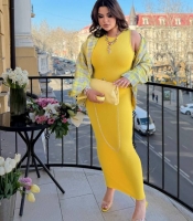 Костюм-двойка женский с платьем-майкой макси из рубчика и рубашкой оверсайз в клетку весенне-летний