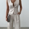 Костюм-двойка женский льняной с жилетом на пуговицах и широкими брюками весенне-летний  k-129143