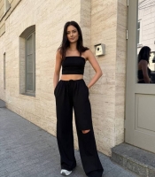 Брюки женские хлопковые из кулира палаццо прямого силуэта широкие на резинке с разрезом на колене летние