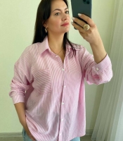 Рубашка женская льняная оверсайз в полоску с длинными рукавами на пуговицах удлинённая весенне-летняя