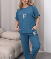 Костюм-двойка женский из турецкой жатки: свободная футболка и брюки на резинке с карманами повседневный весенне-летний