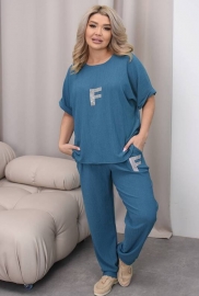 Костюм-двойка женский из турецкой жатки: свободная футболка и брюки на резинке с карманами повседневный весенне-летний Костюм-двойка женский из турецкой жатки: свободная футболка и брюки на резинке с карманами повседневный весенне-летний