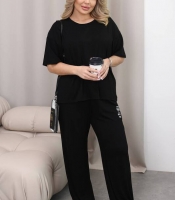 Костюм-тройка женский из хлопковой вискозы холодок: свободная футболка, прямые брюки и шорты повседневный летний